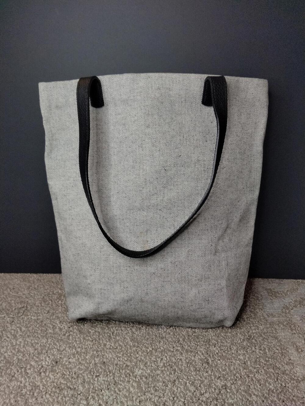Ann Taylor LOFT Canvas Tote Grey Textured Black Leather Handles Bag